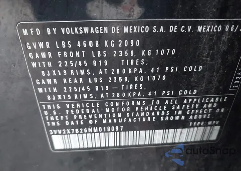 2022 Volkswagen Taos 1.5T Sel z USA, uszkodzony, nr VIN 3VV2X7B26NM018097